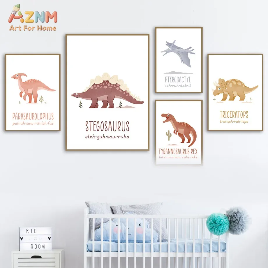 Kids Educational Posters - AZNM Urocze akwarelowe obrazki dinozaurów na